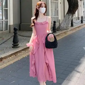 粉色甜美吊带裙温柔风荷叶边吊带连衣裙女夏季2023粉色s70到98体重