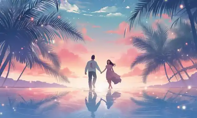 情侣牵手向远方走去唯美浪漫情人节爱情双人手绘插画温馨氛围感场景