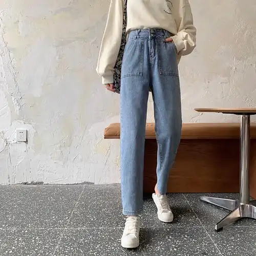 实拍高腰哈伦牛仔裤女2020秋季九分直筒宽松萝卜阔腿超显瘦老爹裤