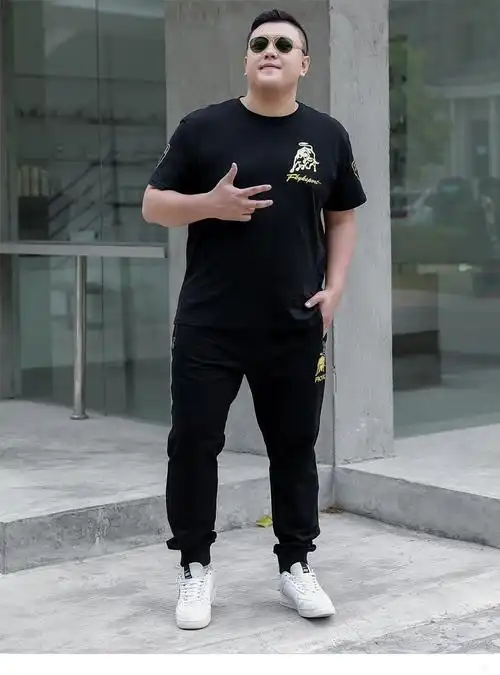 百起大码男装胖子套装男士夏装短袖t恤七分裤潮牌套装