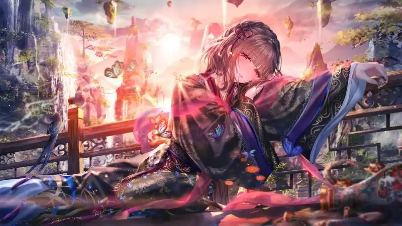 古装 酒水 女孩喝 醉蝴蝶 鸟岛 瀑布 4k高清动漫壁纸 @ 2560x1440