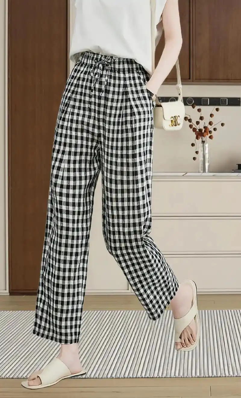 娅丽达亚麻黑白格子裤女2024夏季新款松紧腰小个子宽松九分哈伦裤90