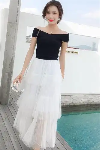 一字肩连衣裙19夏季新款高腰显瘦仙女裙ch温柔网纱层层蛋糕裙