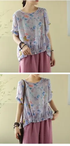 天丝棉麻短袖t恤女短款夏季薄款印花木耳边苎麻小衫宽松亚麻上衣