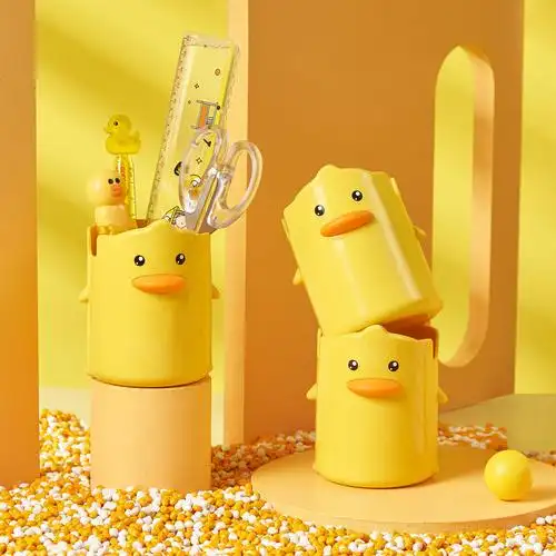 卡通可爱小黄鸭学生笔筒网红创意时尚儿童文具收纳盒桌面办公室