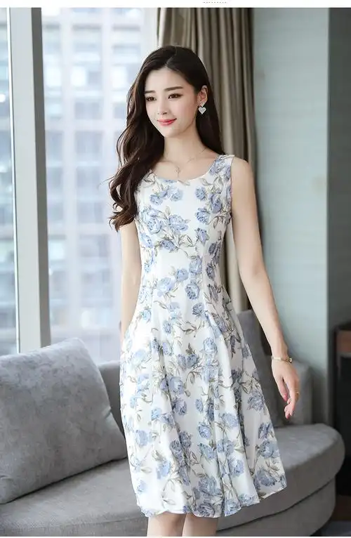 实拍2018夏装新款清新海蓝色中长款a字裙雪纺无袖连衣裙女夏