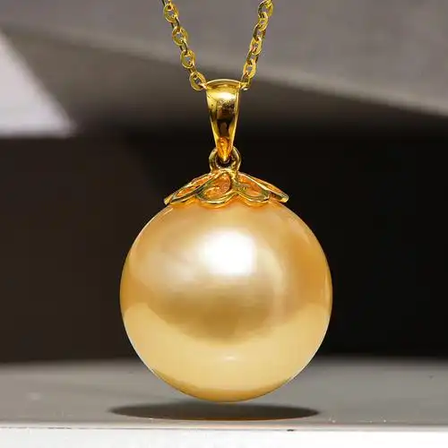 凤仪阁18k金菲律宾南洋金珠吊坠14-15mm单颗海水珍珠项链一件批发