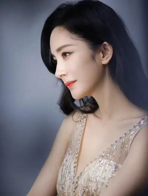 杨幂香槟色v领裙知性优雅