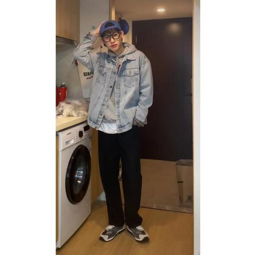 【套装】叶柏柏秋季痞帅港风连帽夹克牛仔外套潮流直筒牛仔裤搭配