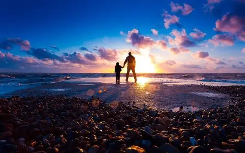 在沙滩上漫步,在夕阳 壁纸