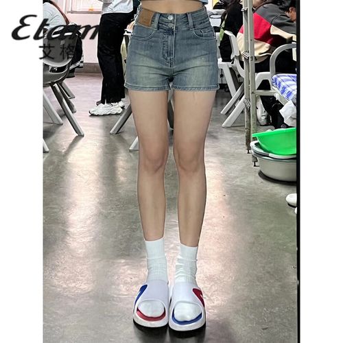 女生辣妹短裤女胖高腰弹力显瘦紧身包臀牛仔热裤潮 蓝色 s建议80-94斤