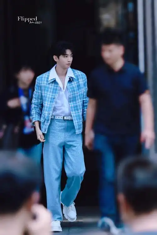 王俊凯蓝色格纹v领西装