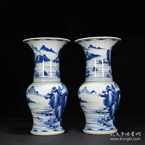 清代瓷器精品老货收藏清康熙青花山水人物纹花觚凤尾尊