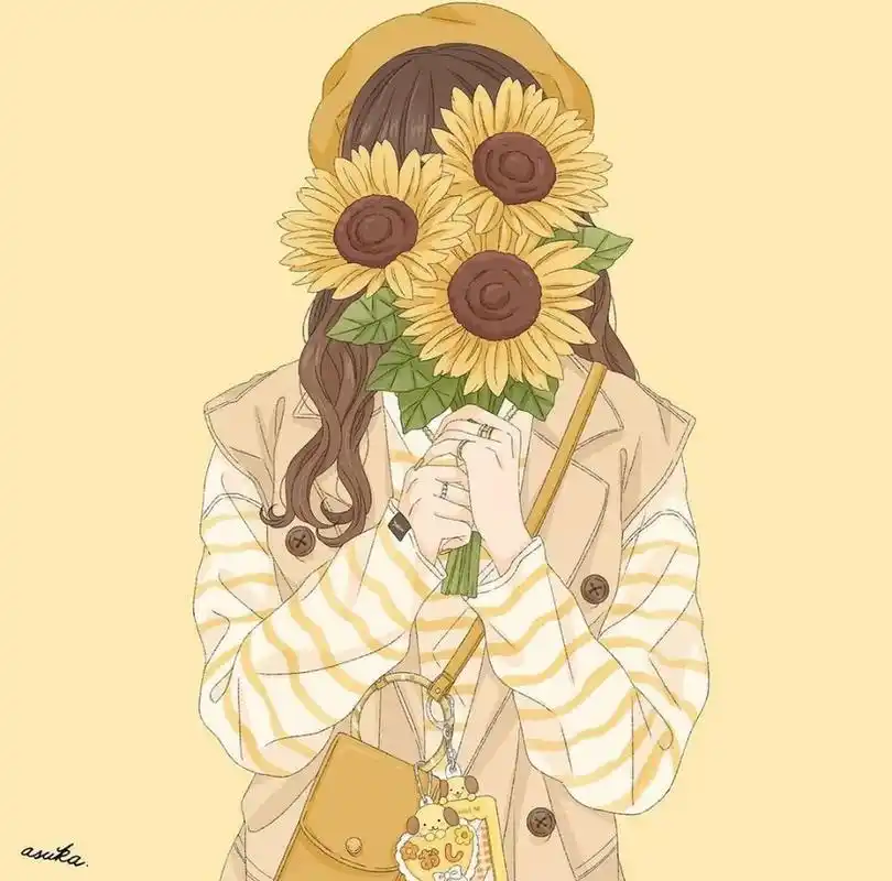 绝美治愈系插画头像78捧着花束的女孩98 插画欣赏78 艺术家