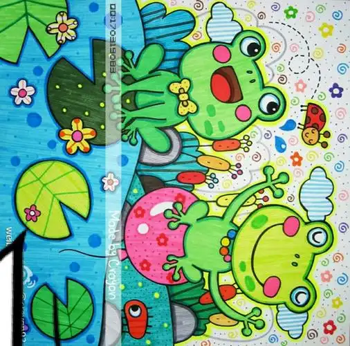 青蛙 池塘 绿色 卡通 儿童画 彩笔画 可爱