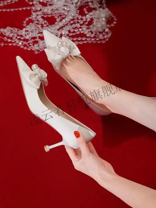 纱婚鞋平时可穿新娘鞋蝴蝶结高跟鞋女配裙子细跟伴娘婚纱鞋同款白色39