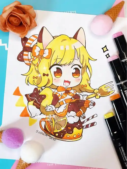 马克笔动漫临摹手绘柠檬蛋糕女孩带过程