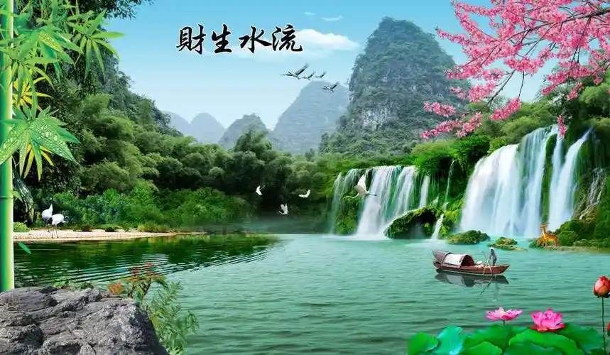 a040221-中式-山水自然风景-流水生财-牡丹