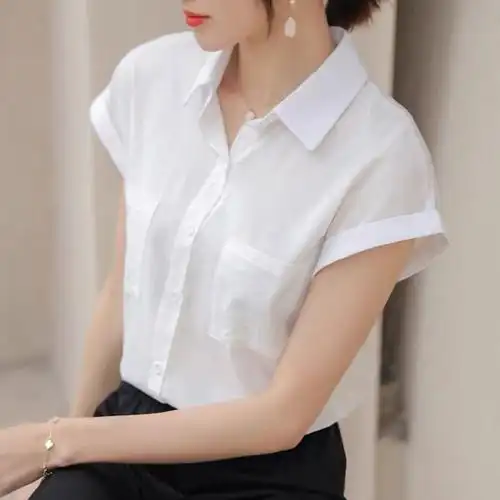 白色翻领衬衫女短袖雪纺上衣夏2021新款韩版宽松小众轻熟百搭衬衣