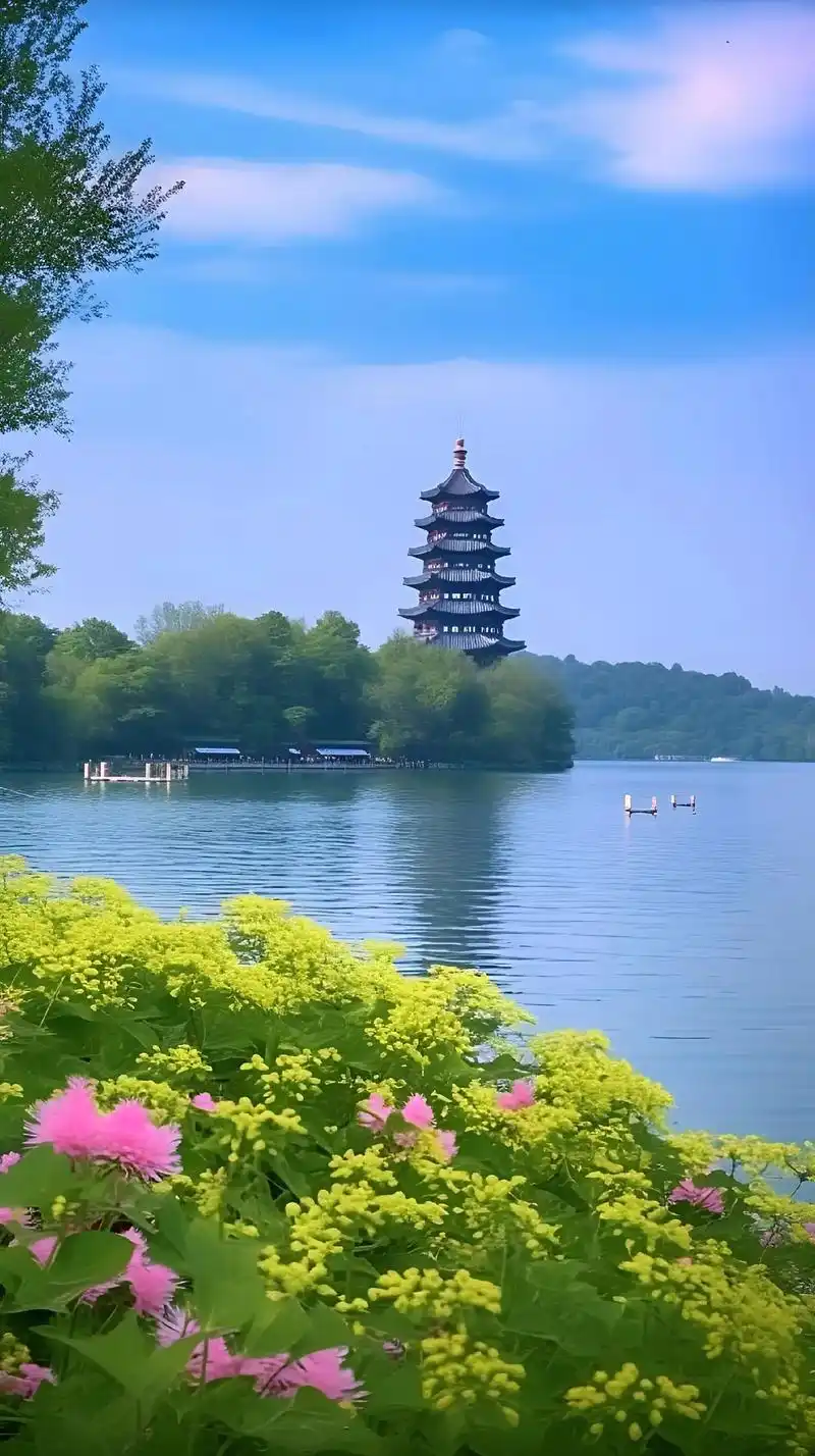 西湖美景.夏日的西湖湖畔,微风轻拂,湖水清澈见底,百花盛开, - 抖音