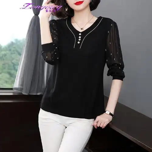 紫雨琪品牌雪纺衫女装长袖打底衫别致上衣女新款中年黑色小衫宽松显瘦