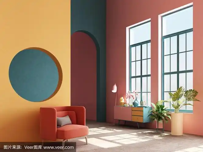 孟菲斯室内设计理念丰富多彩,扶手椅配有控制台和支柱.三维渲染