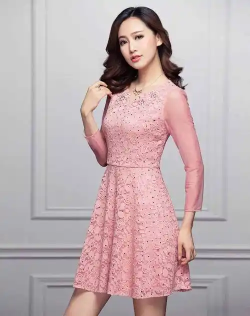 (特惠)玫粉色小v领圆领九分袖太阳摆连衣裙