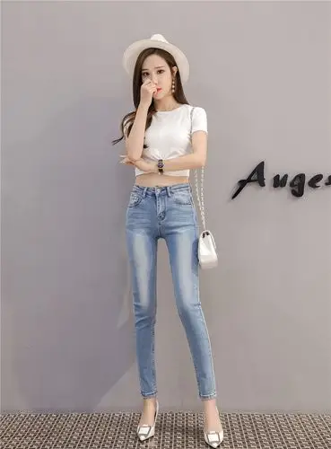 实拍2018春夏新款高腰显瘦提臀弹力牛仔裤女铅笔裤小脚裤