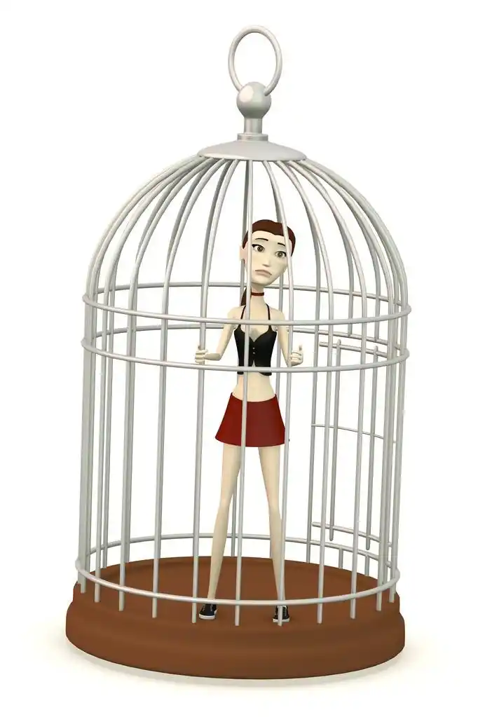 3d 呈现器的卡通女孩关在笼子里的鸟