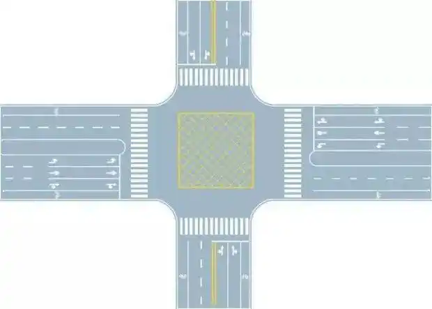 黄色网状线是一种地面交通指示标志,黄色方形边框,内有交叉网状线条.