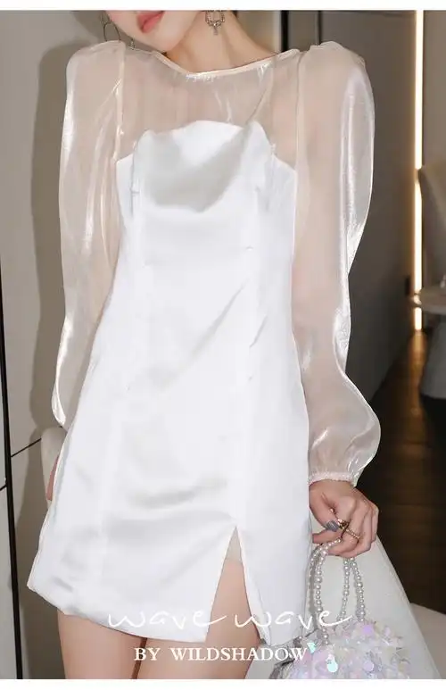 wave官方授权2021春夏透纱拼接抹胸白色收腰连衣裙