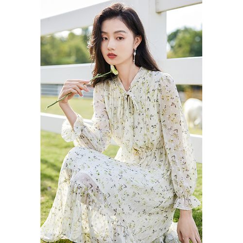 【时尚春装】碎花连衣裙女小清新裙子漂亮收腰长袖雪纺裙