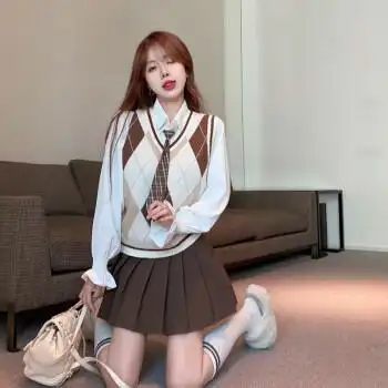 演讲服装女大学生 秋冬季装学院风jk制服穿搭套装马甲背心白衬衫