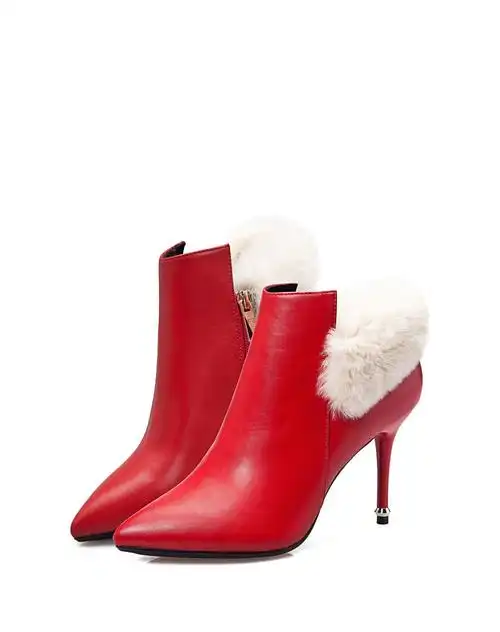 非谜2015新款兔毛尖头细高跟红色短靴