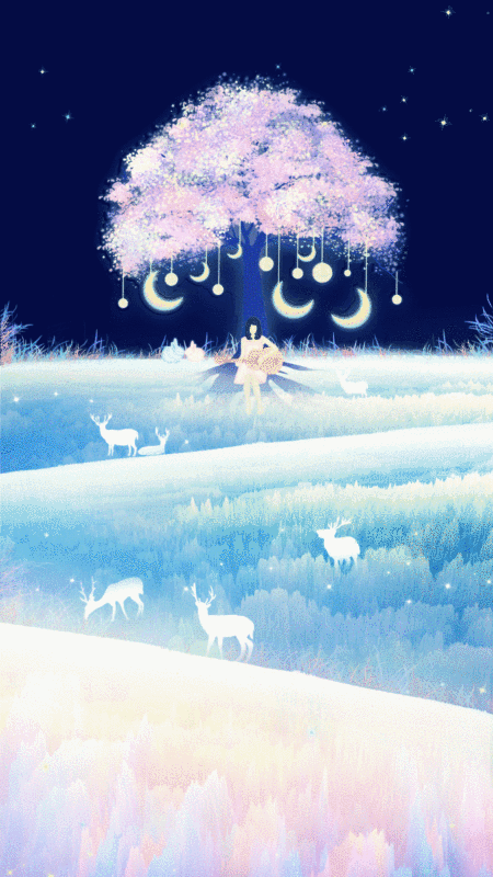 夜晚蓝色星空下流星划过,少女坐在挂着装饰品的许愿树下弹吉他图片