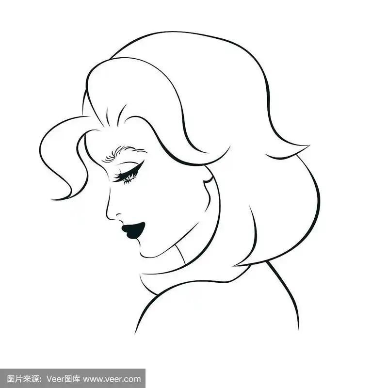 年轻美丽女子的侧面,轮廓肖像.矢量插图孤立在白色,黑色颜色