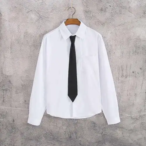 白衬衫男长袖春季韩版潮流痞帅气打底衫港风百搭宽松领带衬衣深蓝色