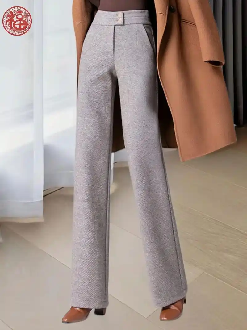 2023秋冬季新款高腰窄版加厚阔腿裤!垂感斜纹宽松直筒裤子, - 抖音