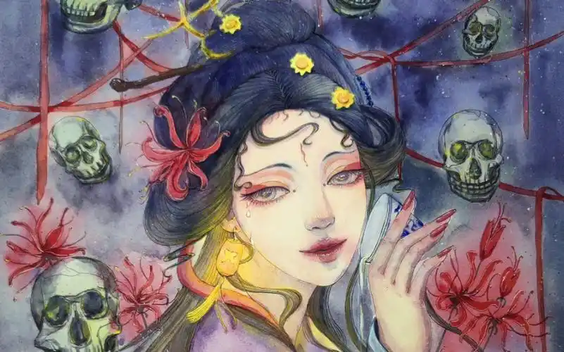 孟婆原创手绘古风水彩插画