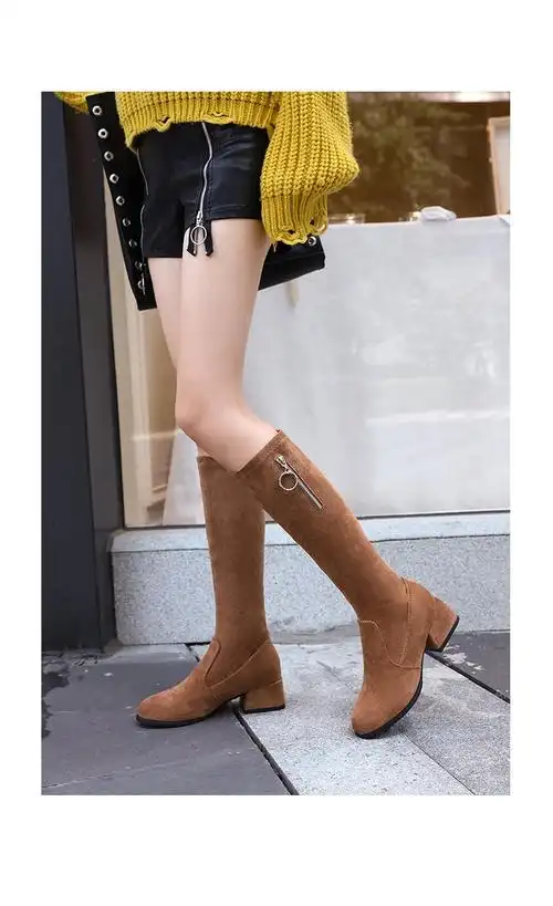 合凡中靴子女秋冬款新款中筒靴女高跟粗跟百搭高筒弹力及膝靴高筒长冬