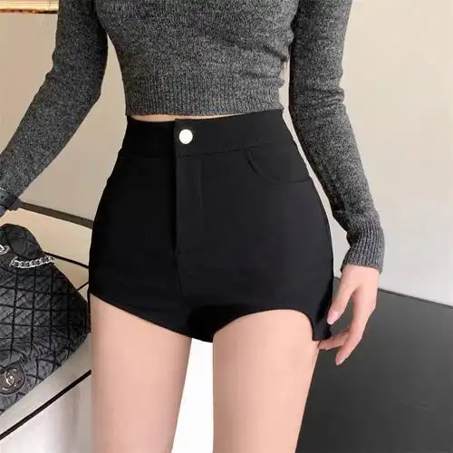 黑色辣妹弹力休闲短裤女夏季紧身小个子修身高腰显瘦超短直筒裤