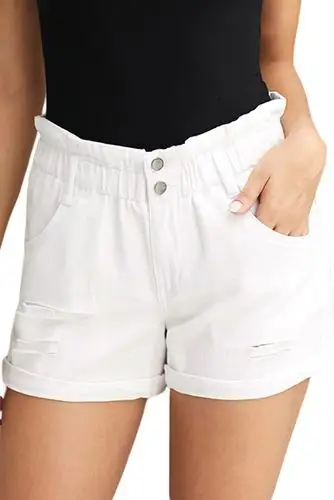 白色松紧纸袋腰牛仔短裤