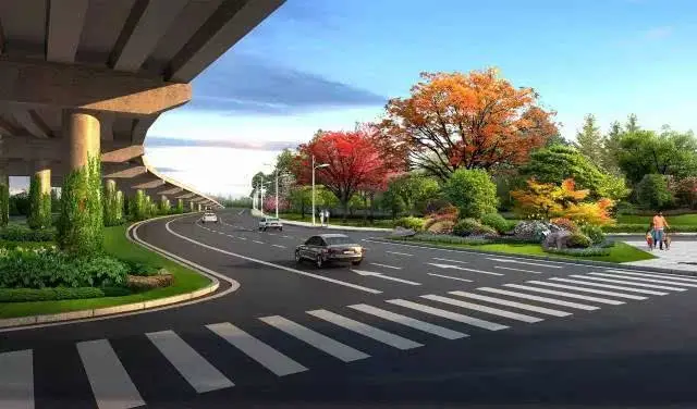 长塘互通桥下透视图(远期) 在交叉口三角绿地采用五针松种植,背景采用