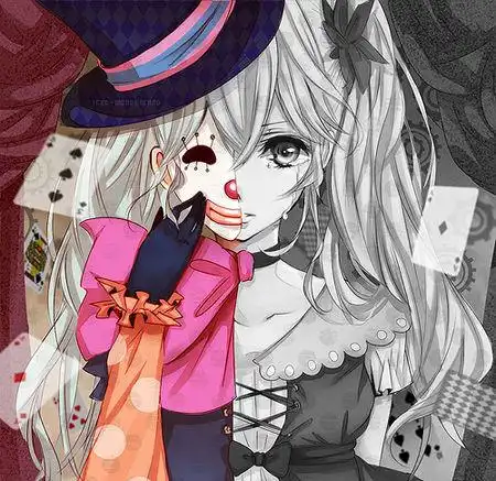 一张图,一个女孩,左边是小丑面具和衣服,还在笑,右边是一个哭泣的女孩