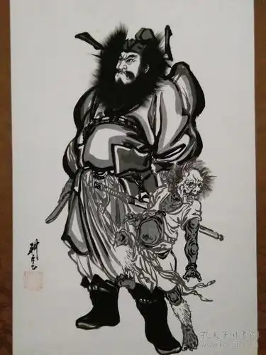 日本武者绘名家大畑耕云作品钟馗捉鬼图立轴一件原装原裱青花瓷轴头品