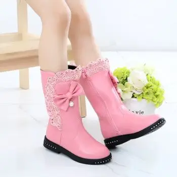 2017秋冬雪地靴高筒靴长靴韩版女童单靴中大童马丁靴 蝴蝶单靴粉色 34