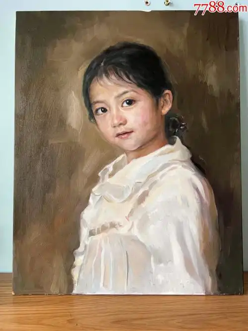 大幅手绘布面人物肖像油画原作穿白衬衣的女孩已绷框