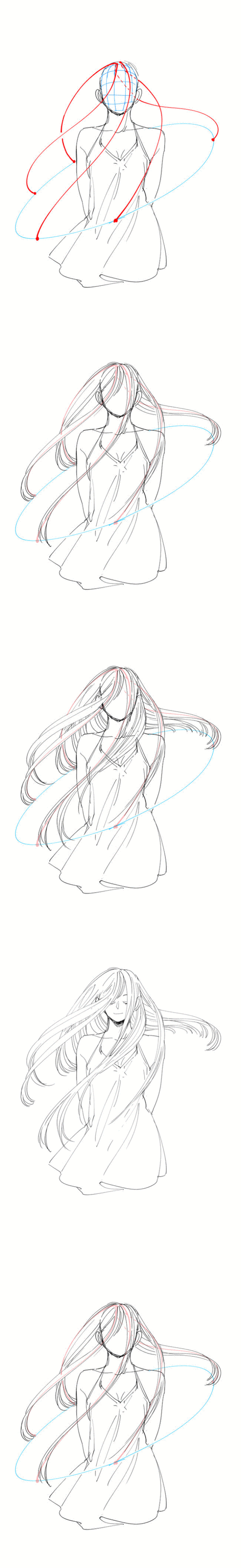 考虑人物用力的方向,头发的运动方向通常与之相反.