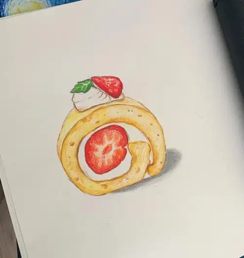 临摹蛋糕卷彩铅画草莓奶油卷