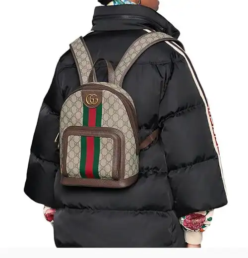 gucci/古驰 20春夏 ophidia系列 女士卡其色条纹双肩背包